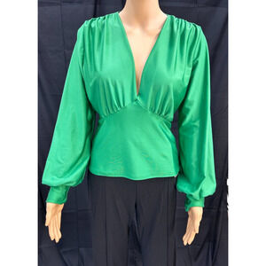 Green Dress Blouse, long sleeved, silk, size L , long neckline in front